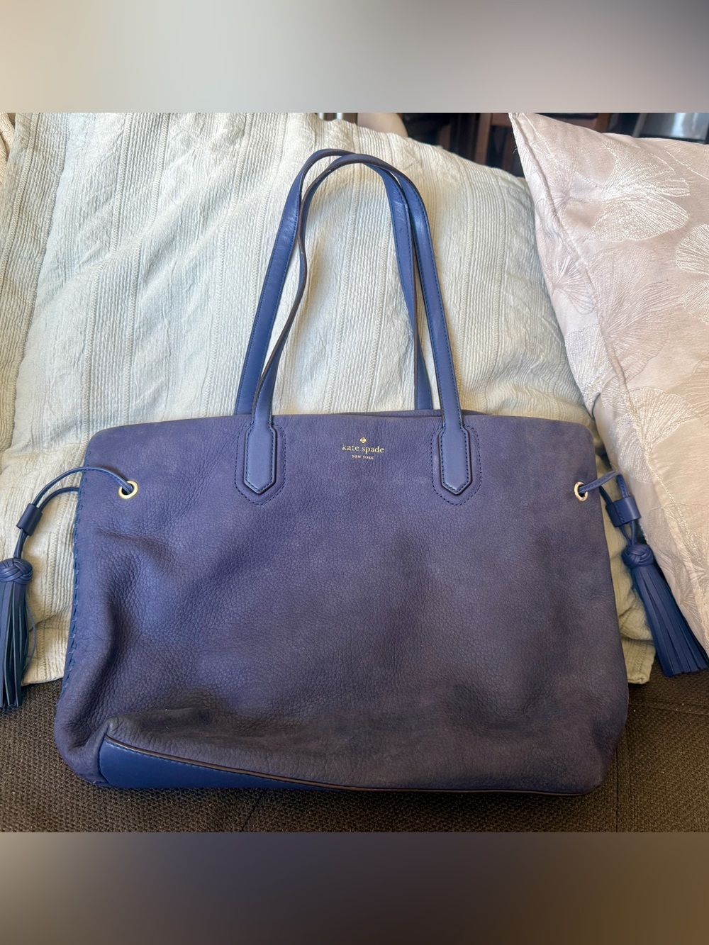 NWOT KATE SPADE BLUE LG TOTE Brandice Pratt Street Tassels ZIP BAG  Blue Leather